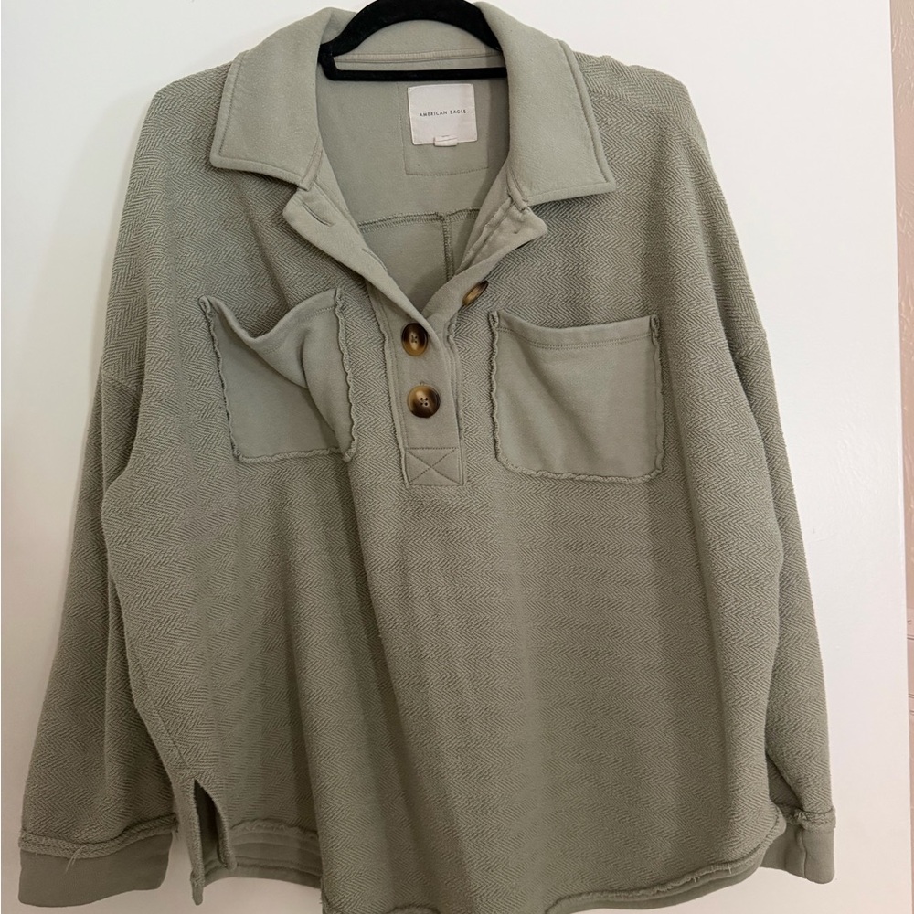 American Eagle Light Sage Pullover Buttonneck Sweatshirt